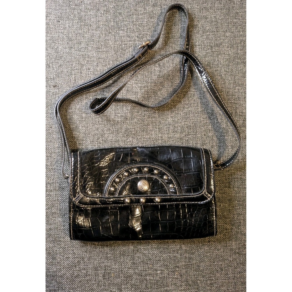 Vintage Rosetti Black Mock Leather Alligator Style Hand Bag Purse Multi Pockets